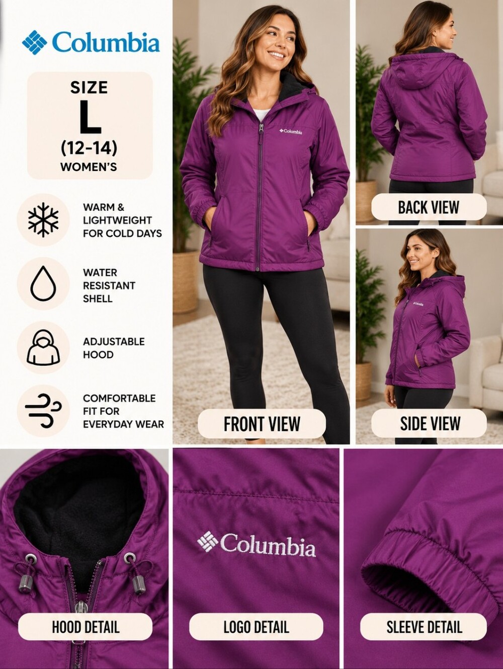 Columbia Women's large purple zip up winter jacket #22
